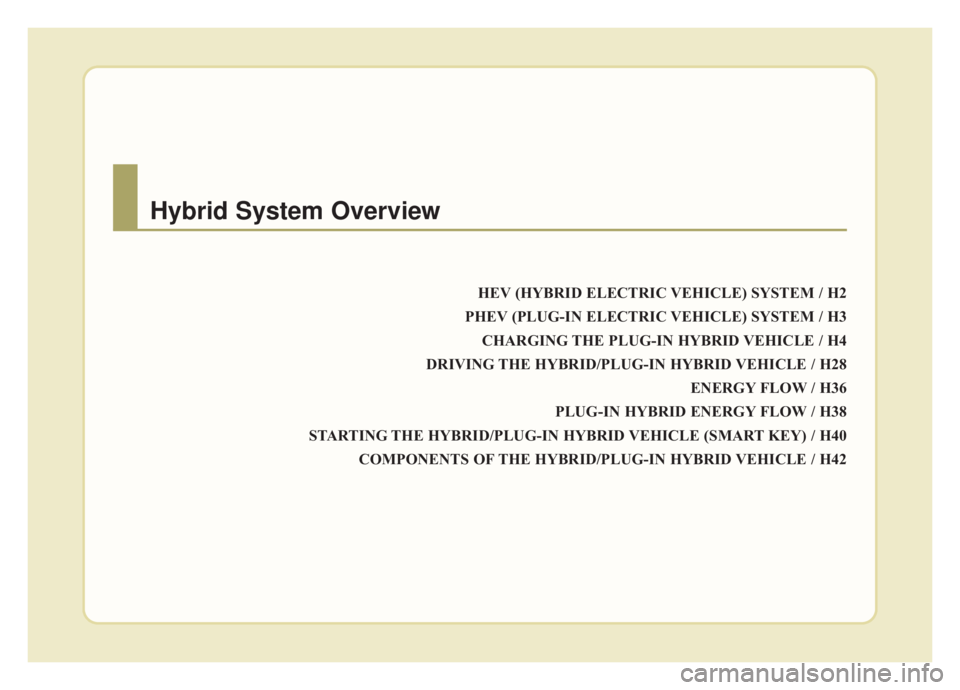KIA NIRO PHEV 2020  Owners Manual HEV (HYBRID ELECTRIC VEHICLE) SYSTEM / H2
PHEV (PLUG-IN ELECTRIC VEHICLE) SYSTEM / H3 CHARGING THE PLUG-IN HYBRID VEHICLE / H4
DRIVING THE HYBRID/PLUG-IN HYBRID VEHICLE / H28 ENERGY FLOW / H36
PLUG-IN