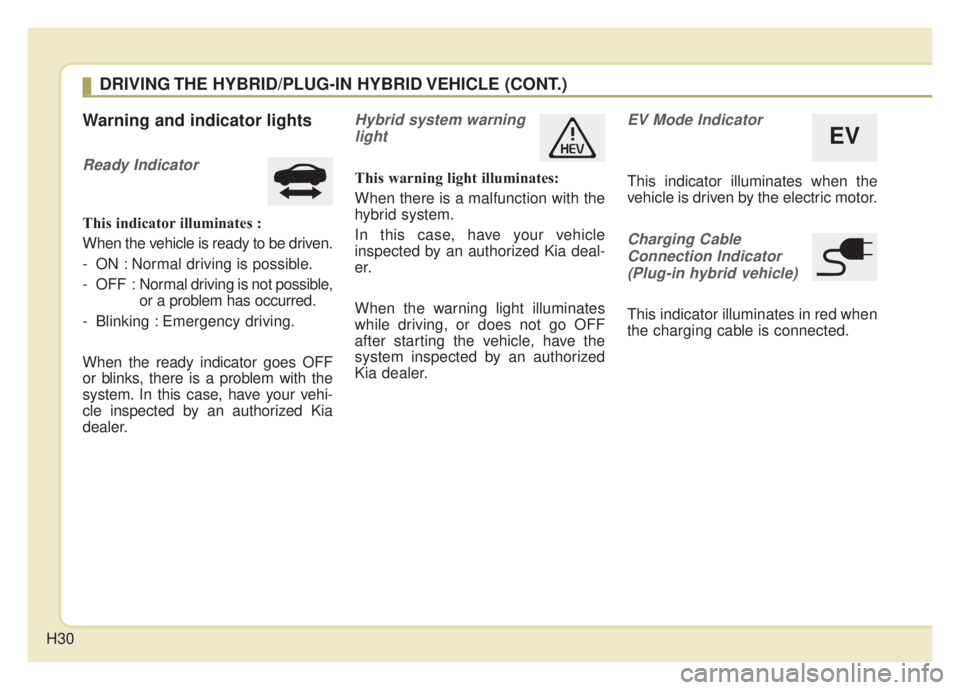 KIA NIRO PHEV 2020  Owners Manual H30
Warning and indicator lights
Ready Indicator 
This indicator illuminates :
When the vehicle is ready to be driven.
- ON : Normal driving is possible.
- OFF : Normal driving is not possible,
or a p