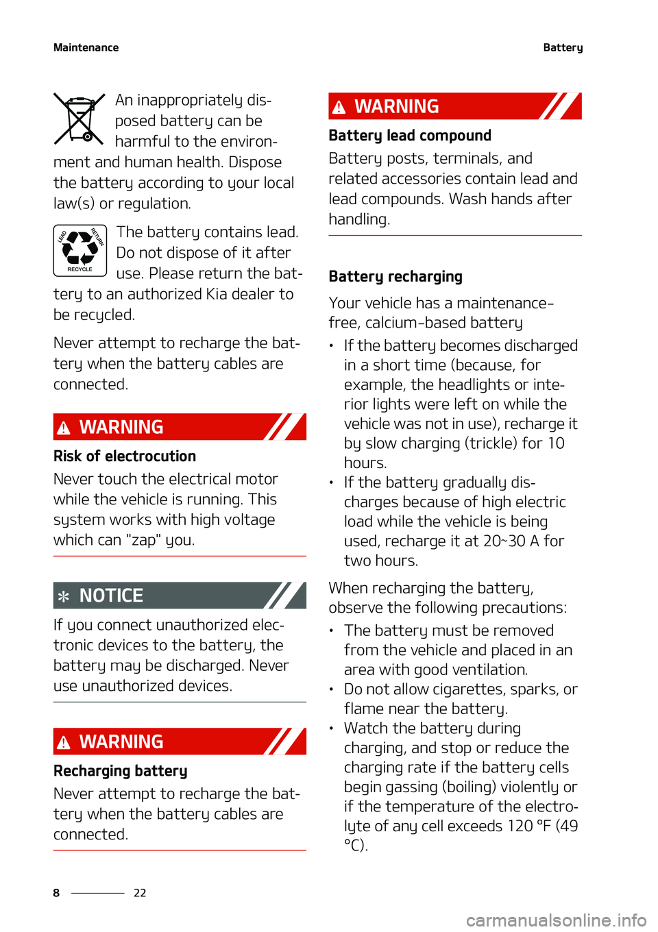 KIA NIRO EV 2020  Owners Manual �.�B�J�O�U�F�O�B�O�D�F
��
�
�#�B�U�U�F�S�Z
�"�O��J�O�B�Q�Q�S�P�Q�S�J�B�U�F�M�Z��E�J�T-
�Q�P�T�F�E��C�B�U�U�F�S�Z��D�B�O��C�F�
�I�B�S�N�G�V�M��U�P��U�I�F��F�O�W�J�S�P�O
-
�N�F�O�U��B�O�E�