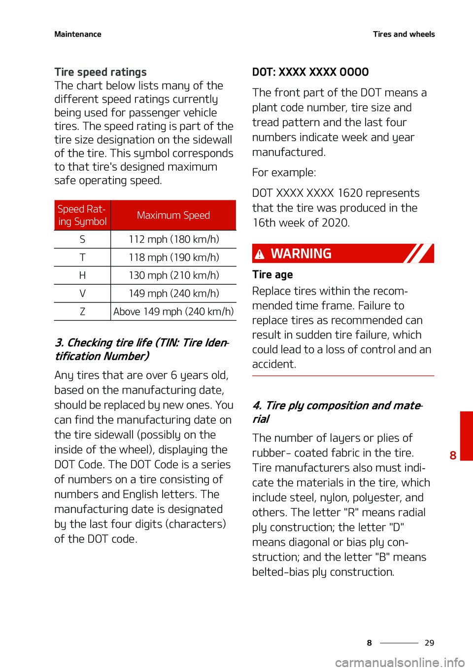 KIA NIRO EV 2020  Owners Manual ��
�
�
�.�B�J�O�U�F�O�B�O�D�F�5�J�S�F�T��B�O�E��X�I�F�F�M�T
�5�J�S�F��T�Q�F�F�E��S�B�U�J�O�H�T
�5�I�F��D�I�B�S�U��C�F�M�P�X��M�J�T�U�T��N�B�O�Z��P�G��U�I�F�
�E�J�G�G�F�S�F�O�U��T�Q�F�F