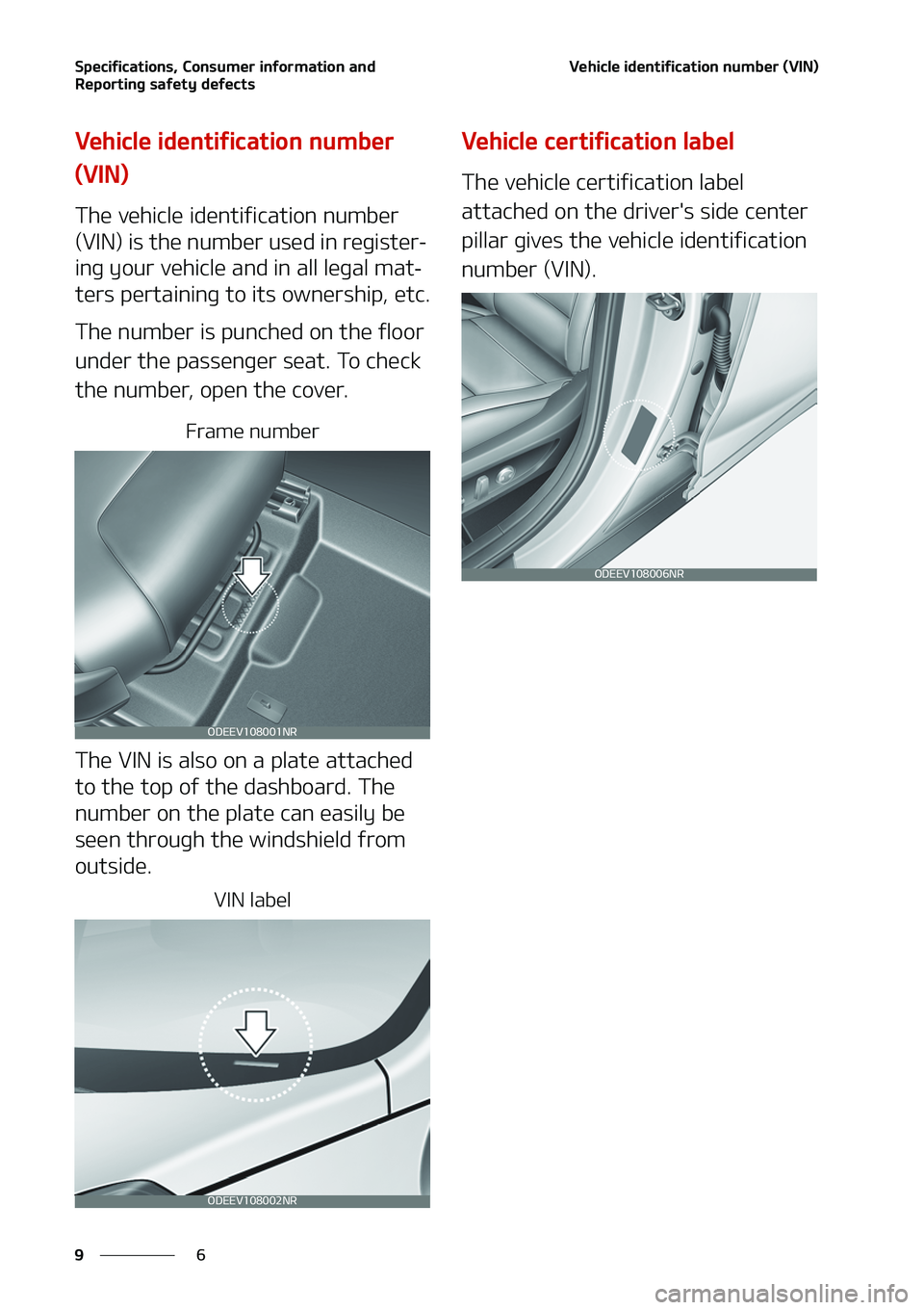 KIA NIRO EV 2020  Owners Manual �4�Q�F�D�J�G�J�D�B�U�J�P�O�T�
��$�P�O�T�V�N�F�S��J�O�G�P�S�N�B�U�J�P�O��B�O�E�
�3�F�Q�P�S�U�J�O�H��T�B�G�F�U�Z��E�F�G�F�D�U�T
�
�
�7�F�I�J�D�M�F��J�E�F�O�U�J�G�J�D�B�U�J�P�O��O�V�N�C�F�S��	