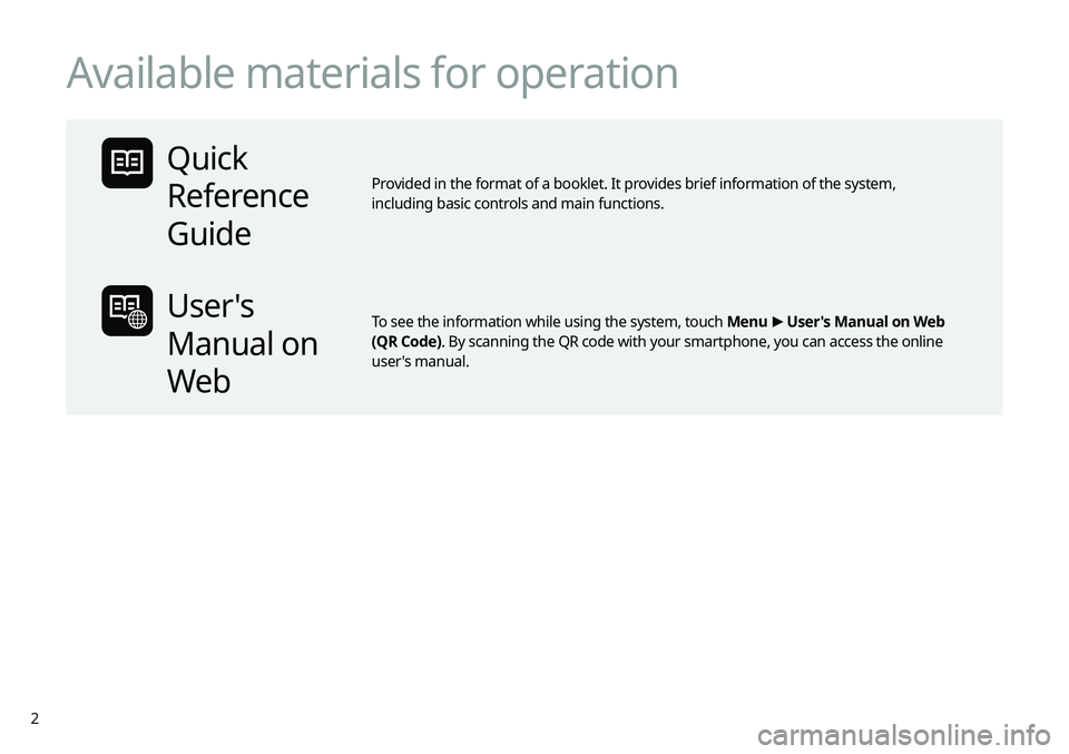KIA NIRO EV 2020 Navigation System Quick Reference Guide 2
Available materials for operation
Quick
Reference
Guide
Provided in the format of a booklet. It provides brief information of the system,
including basic controls and main functions.
User KIA NIRO EV 2020 Navigation System Quick Reference Guide 2
Available materials for operation
Quick
Reference
Guide
Provided in the format of a booklet. It provides brief information of the system,
including basic controls and main functions.
User