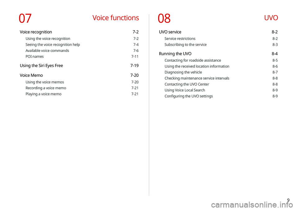 KIA NIRO EV 2020 Navigation System Quick Reference Guide 9
08 UVO
UVO service 8-2
Service restrictions 8-2
Subscribing to the service 8-3
Running the UVO 8-4
Contacting for roadside assistance 8-5
Using the received location information 8-6
Diagnosing the KIA NIRO EV 2020 Navigation System Quick Reference Guide 9
08 UVO
UVO service 8-2
Service restrictions 8-2
Subscribing to the service 8-3
Running the UVO 8-4
Contacting for roadside assistance 8-5
Using the received location information 8-6
Diagnosing the