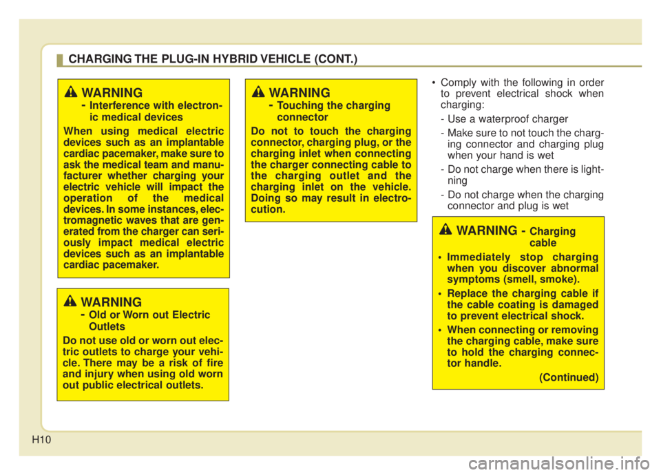 KIA NIRO 2020  Owners Manual H10
 Comply with the following in orderto prevent electrical shock when
charging:
- Use a waterproof charger 
-  Make sure to not touch the charg-ing connector and charging plug
when your hand is wet 