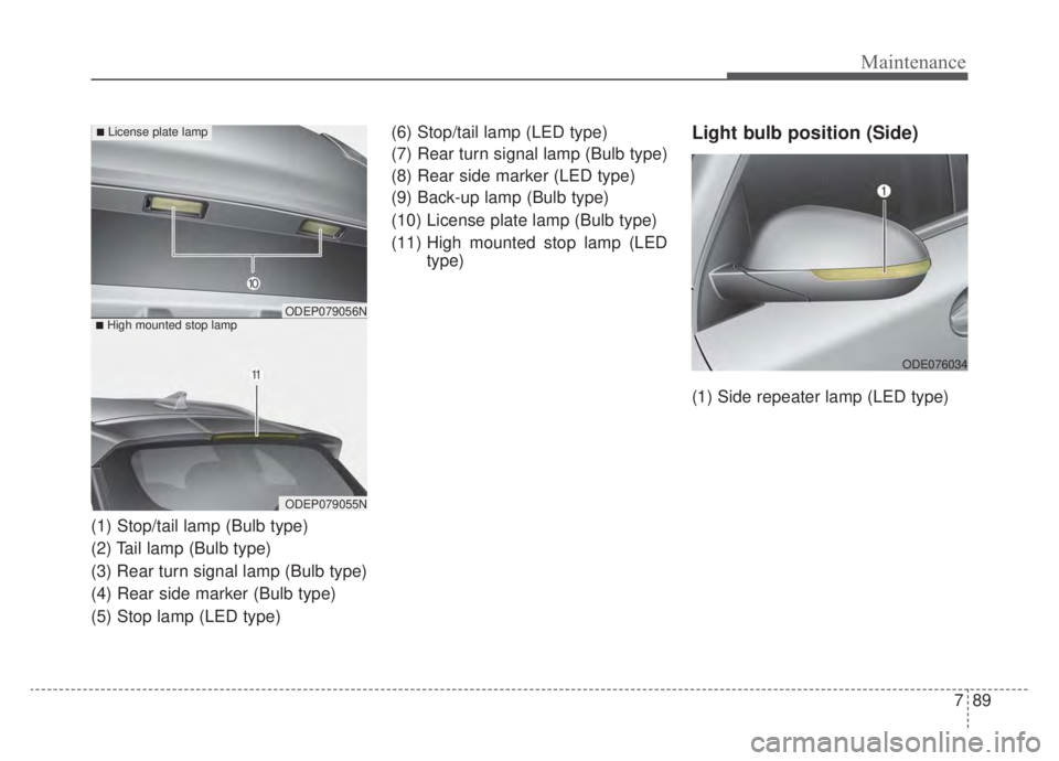 KIA NIRO 2020 Owners Manual 789
Maintenance
(1) Stop/tail lamp (Bulb type)
(2) Tail lamp (Bulb type)
(3) Rear turn signal lamp (Bulb type)
(4) Rear side marker (Bulb type)
(5) Stop lamp (LED type)(6) Stop/tail lamp (LED type)
(7 KIA NIRO 2020 Owners Manual 789
Maintenance
(1) Stop/tail lamp (Bulb type)
(2) Tail lamp (Bulb type)
(3) Rear turn signal lamp (Bulb type)
(4) Rear side marker (Bulb type)
(5) Stop lamp (LED type)(6) Stop/tail lamp (LED type)
(7