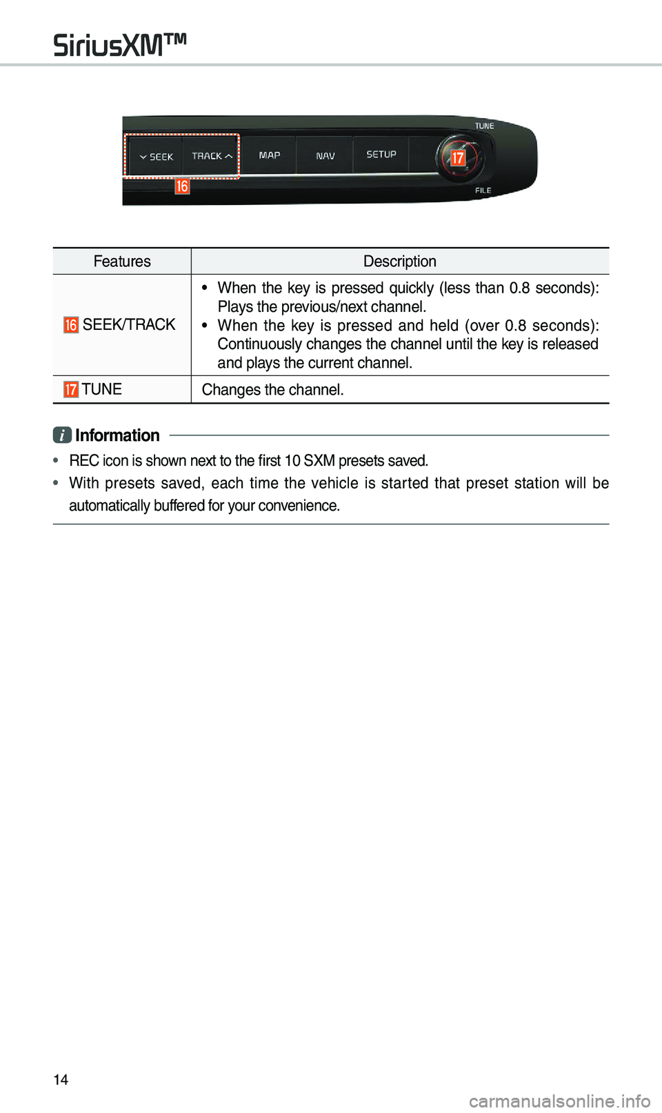 KIA SEDONA 2021 Navigation System Quick Reference Guide 14
FeaturesDescription
SEEK/\fRACK
• When the key is pressed quickly (less than 0.8 seconds):
Plays the previous/next channel.
• When the key is pressed and held (over 0.8 seco KIA SEDONA 2021 Navigation System Quick Reference Guide 14
FeaturesDescription
SEEK/\fRACK
• When the key is pressed quickly (less than 0.8 seconds):
Plays the previous/next channel.
• When the key is pressed and held (over 0.8 seco