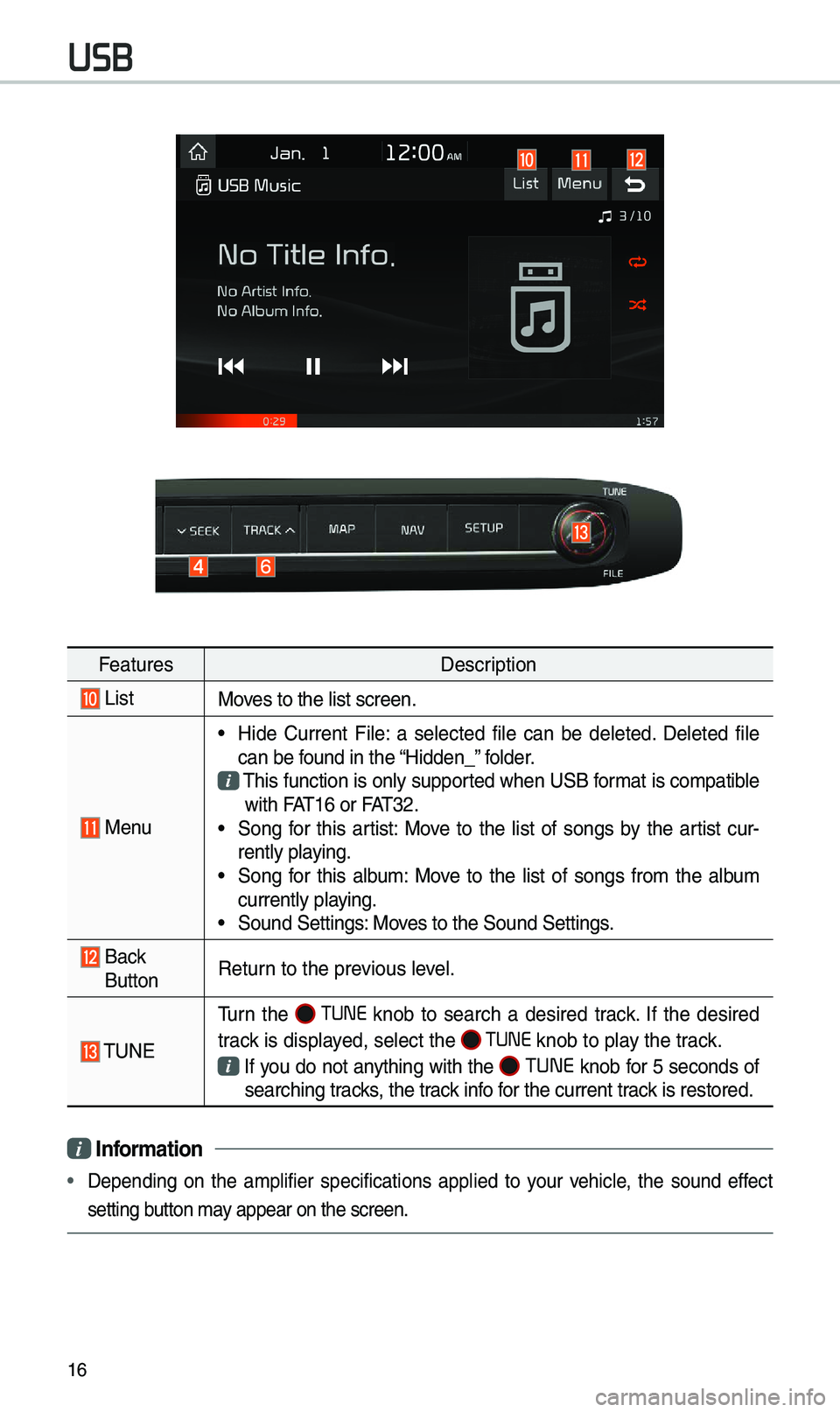 KIA SEDONA 2021 Navigation System Quick Reference Guide 16
USB
FeaturesDescription
ListMoves to the list scree\en.
Menu
• Hide Current File: a selected file can be deleted. Deleted file
can be found in the “Hidden_” folder.
\fhis func KIA SEDONA 2021 Navigation System Quick Reference Guide 16
USB
FeaturesDescription
ListMoves to the list scree\en.
Menu
• Hide Current File: a selected file can be deleted. Deleted file
can be found in the “Hidden_” folder.
\fhis func