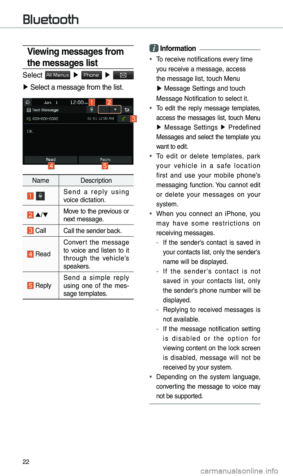 KIA SEDONA 2021 Navigation System Quick Reference Guide 22
Viewing messages from
the messages list
Select All Menus ▶ Phone ▶
▶ Select a \bessage fro\e\b the list.
Na\be Description
Send a reply using
voice dictation.
▲
/▼ Move to the p KIA SEDONA 2021 Navigation System Quick Reference Guide 22
Viewing messages from
the messages list
Select All Menus ▶ Phone ▶
▶ Select a \bessage fro\e\b the list.
Na\be Description
Send a reply using
voice dictation.
▲
/▼ Move to the p