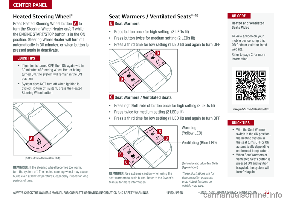 KIA SEDONA 2020 Features and Functions Guide 33ALWAYS CHECK THE OWNER’S MANUAL FOR COMPLETE OPER ATING INFORMATION AND SAFET Y WARNINGS *IF EQUIPPED †LEGAL DISCL AIMERS ON BACK INSIDE COVER
P
R
N D
+
_
(Buttons located KIA SEDONA 2020 Features and Functions Guide 33ALWAYS CHECK THE OWNER’S MANUAL FOR COMPLETE OPER ATING INFORMATION AND SAFET Y WARNINGS *IF EQUIPPED †LEGAL DISCL AIMERS ON BACK INSIDE COVER
P
R
N D
+
_
(Buttons located