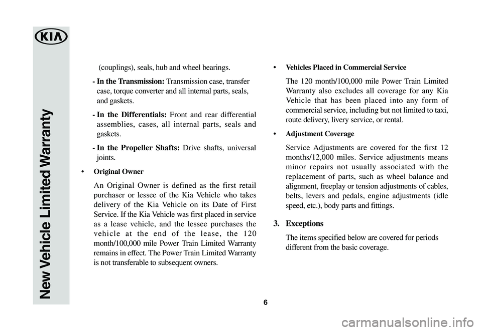 KIA SEDONA 2020  Warranty and Consumer Information Guide 6
(couplings), seals, hub and wheel bearings.
-   In the Transmission: Transmission case, transfer 
case, torque converter and all internal parts, seals, 
and gaskets.
-     In  the  Differentials: Fr