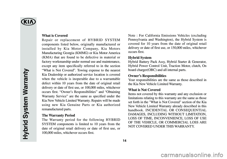 KIA OPTIMA PHEV 2020  Warranty and Consumer Information Guide 14Hybrid System Warranty
What is Covered
Repair or replacement of HYBRID SYSTEM 
components listed below, originally manufactured or 
installed by Kia Motor Company, Kia Motors 
Manufacturing Georgia 