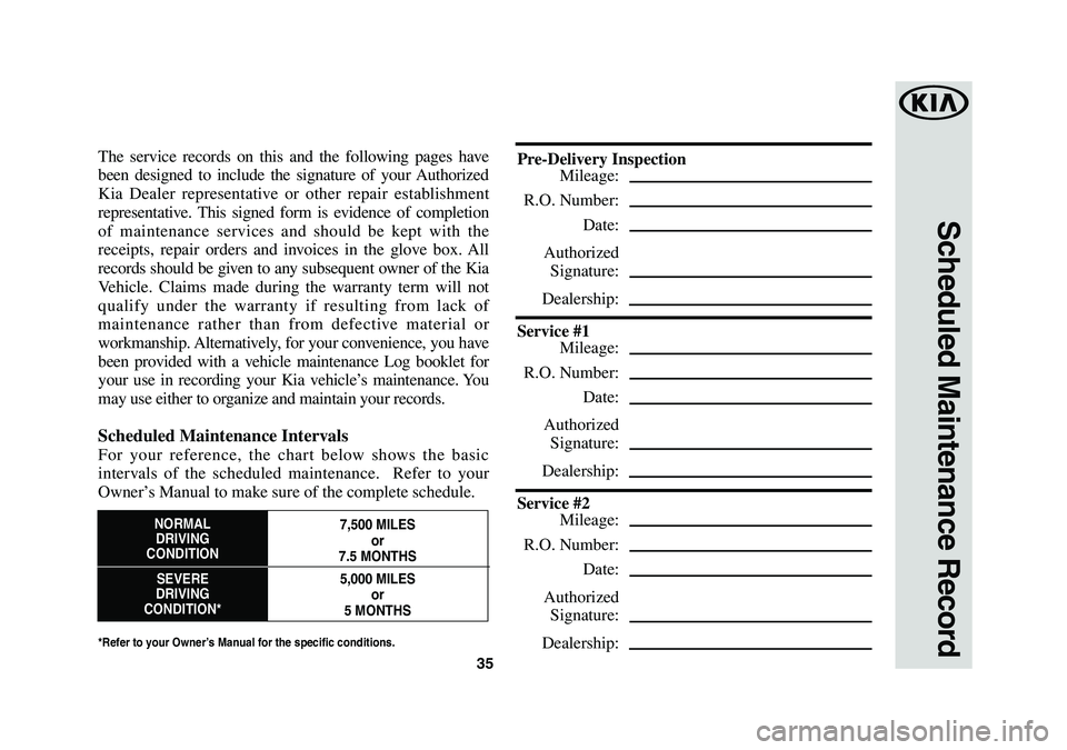 KIA OPTIMA PHEV 2020  Warranty and Consumer Information Guide 35
Scheduled Maintenance Record
The service records on this and the following pages have 
been designed to include the signature of your Authorized 
Kia Dealer representative or other repair establish