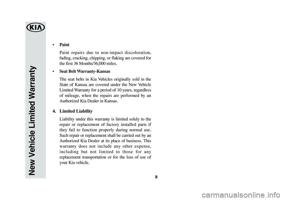 KIA OPTIMA PHEV 2020  Warranty and Consumer Information Guide 8New Vehicle Limited Warranty
•	Paint
 Paint repairs due to non-impact discoloration, 
fading, cracking, chipping, or flaking are covered for 
the first 36 Months/36,000 miles.
•	Seat Belt Warrant