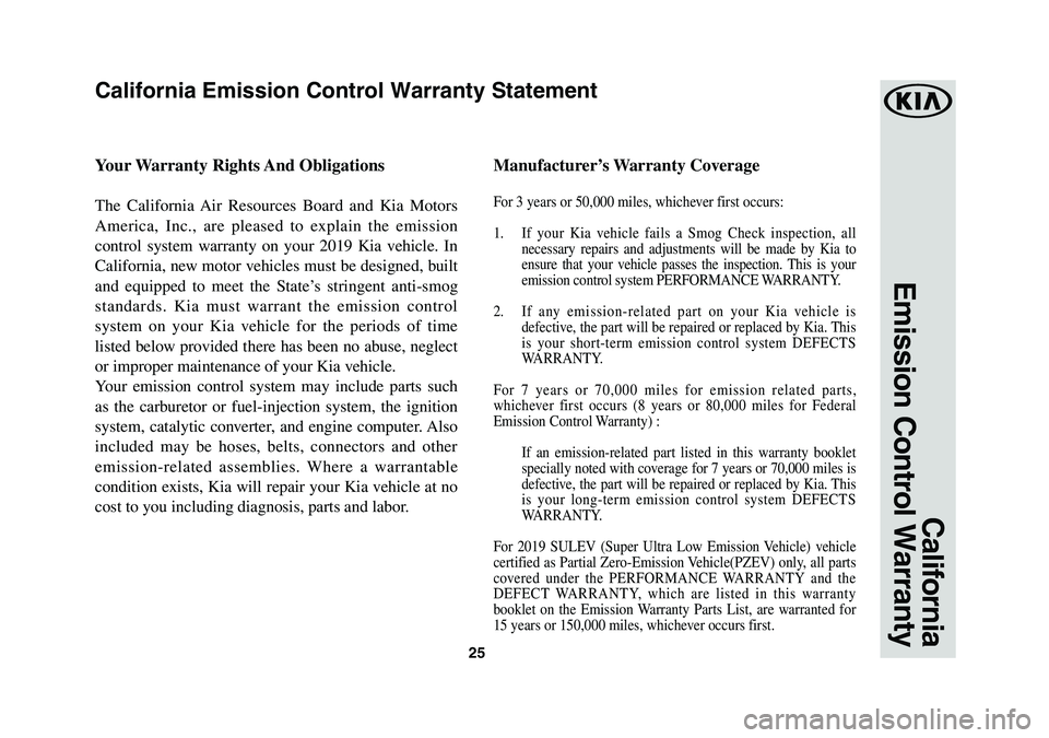 KIA OPTIMA HYBRID 2019  Warranty and Consumer Information Guide 25
Your	Warranty	Rights	 And	Obligations
The California Air Resources Board and Kia Motors 
America, Inc., are pleased to explain the emission 
control system warranty on your 2019 Kia vehicle. In 
Ca