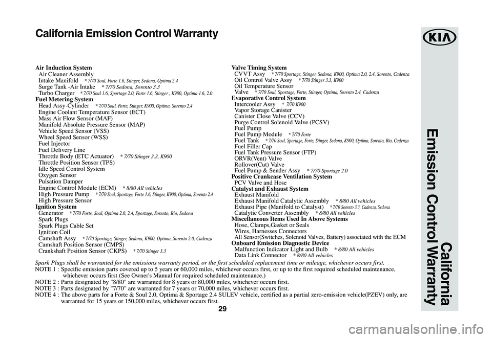 KIA CADENZA 2020  Warranty and Consumer Information Guide 29
Spark Plugs shall be warranted for the emissions warranty period, or the first scheduled replacement time or mileage, whichever occurs first.NOTE 1 :  Specific emission parts covered up to 5 years 