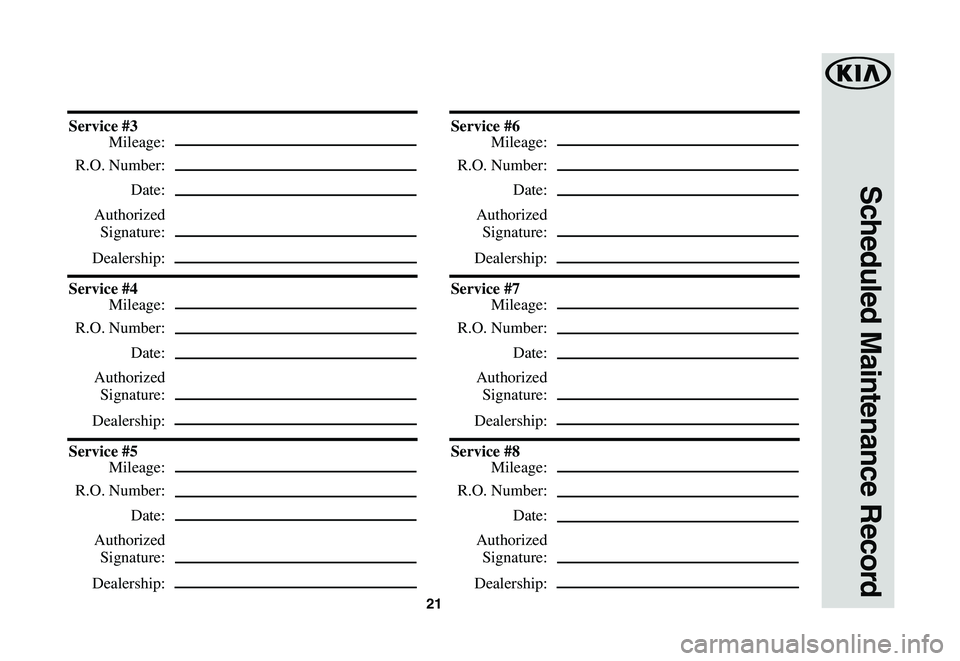 KIA SOUL EV 2019  Warranty and Consumer Information Guide 21
Scheduled Maintenance Record
Service	#3
 Mileage:
 R.O. Number:
 Date:
 Authorized
 Signature:
 Dealership:
Service	#4
 Mileage:
 R.O. Number:
 Date:
 Authorized
 Signature:
 Dealership:
Service	#5