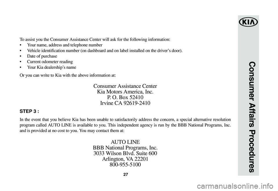 KIA SOUL EV 2019  Warranty and Consumer Information Guide 27
Consumer Affairs Procedures
To	assist	you	the	Consumer	Assistance	Center	will	ask	for	the	following	information:
•	 Your	name,	address	and	telephone	number	
•	 Vehicle	identification	number	(on