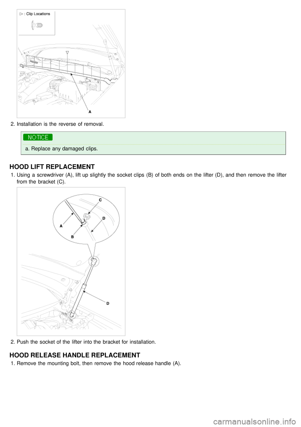 KIA CARNIVAL 2007  Workshop Manual 2.Installation  is the  reverse of removal.
a.Replace any damaged  clips.
HOOD LIFT REPLACEMENT
1.Using  a  screwdriver (A), lift up slightly the  socket clips  (B)  of both  ends  on the  lifter (D),