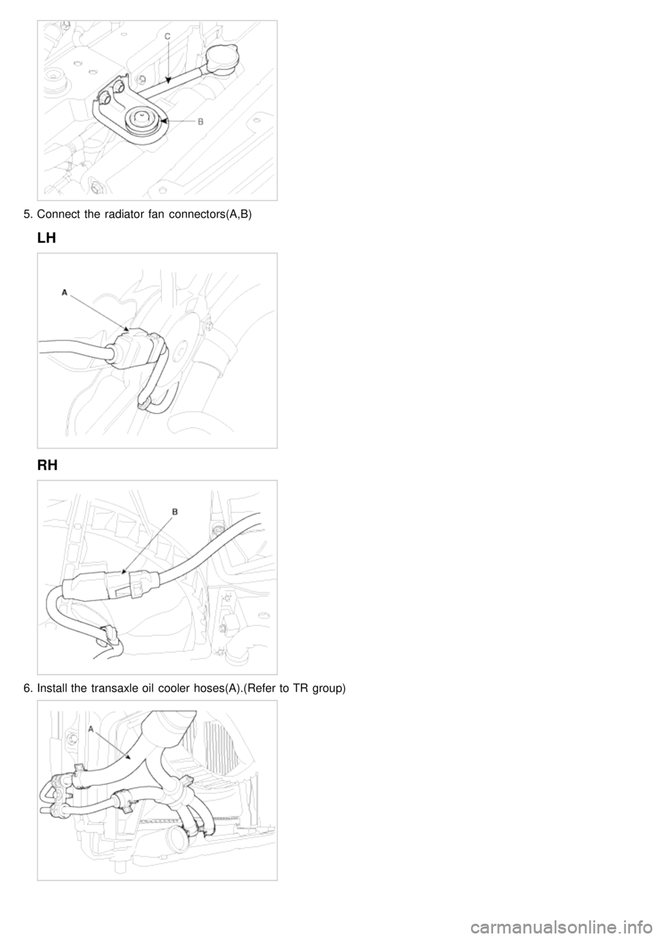 KIA CARNIVAL 2007  Workshop Manual 5.Connect the  radiator  fan  connectors(A,B)
LH
RH
6.Install the  transaxle oil  cooler hoses(A).(Refer to TR  group) 