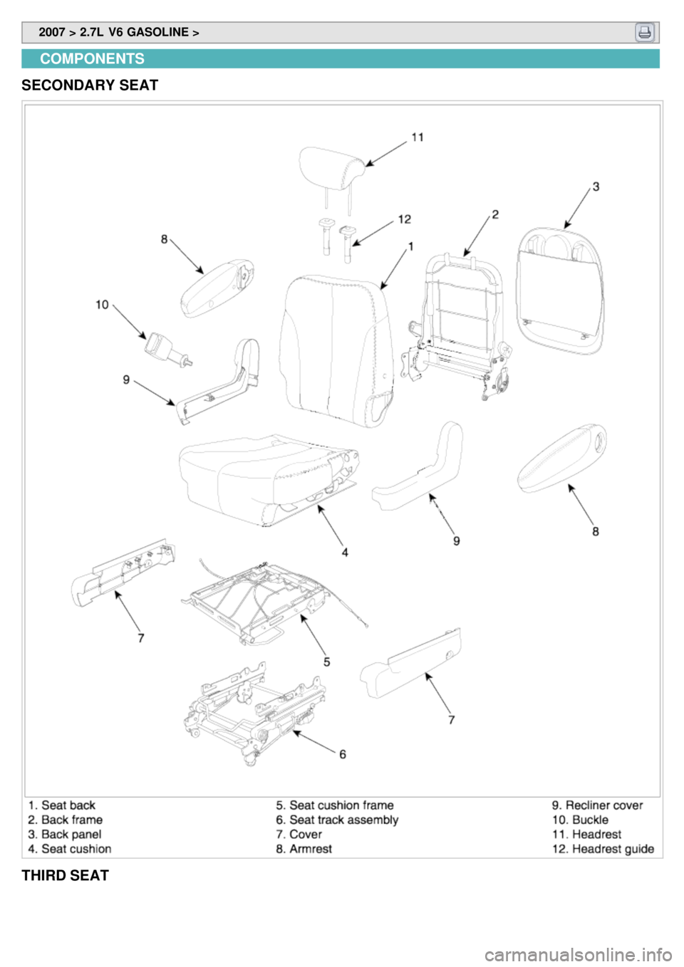 KIA CARNIVAL 2007  Workshop Manual  2007 > 2.7L  V6 GASOLINE > 
COMPONENTS
SECONDARY SEAT
THIRD SEAT 
