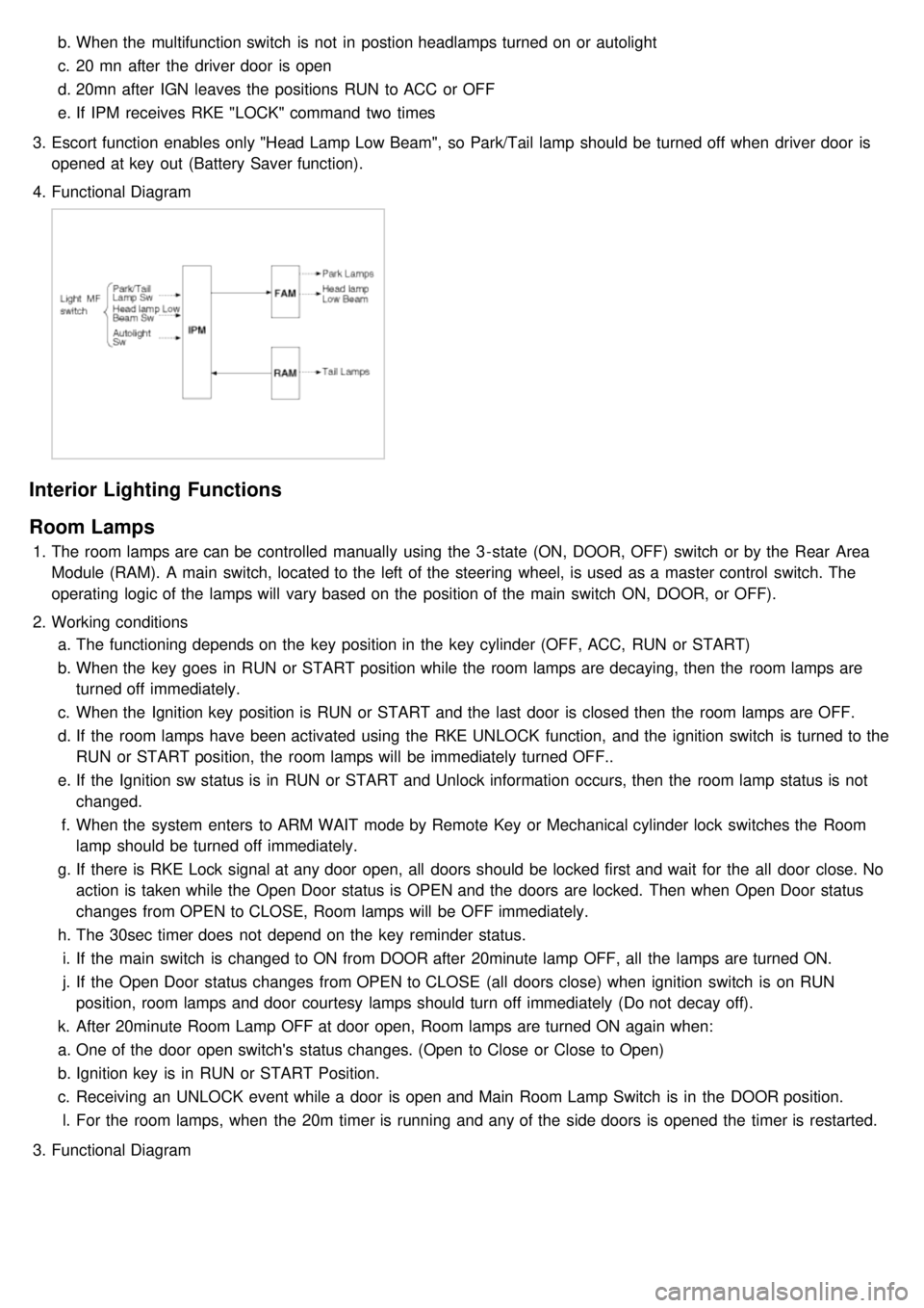 KIA CARNIVAL 2007 Workshop Manual b.When the multifunction switch is not in postion headlamps turned on or autolight
c. 20 mn after the driver door is open
d. 20mn after IGN leaves the positions RUN to ACC or OFF
e. If I KIA CARNIVAL 2007 Workshop Manual b.When the multifunction switch is not in postion headlamps turned on or autolight
c. 20 mn after the driver door is open
d. 20mn after IGN leaves the positions RUN to ACC or OFF
e. If I