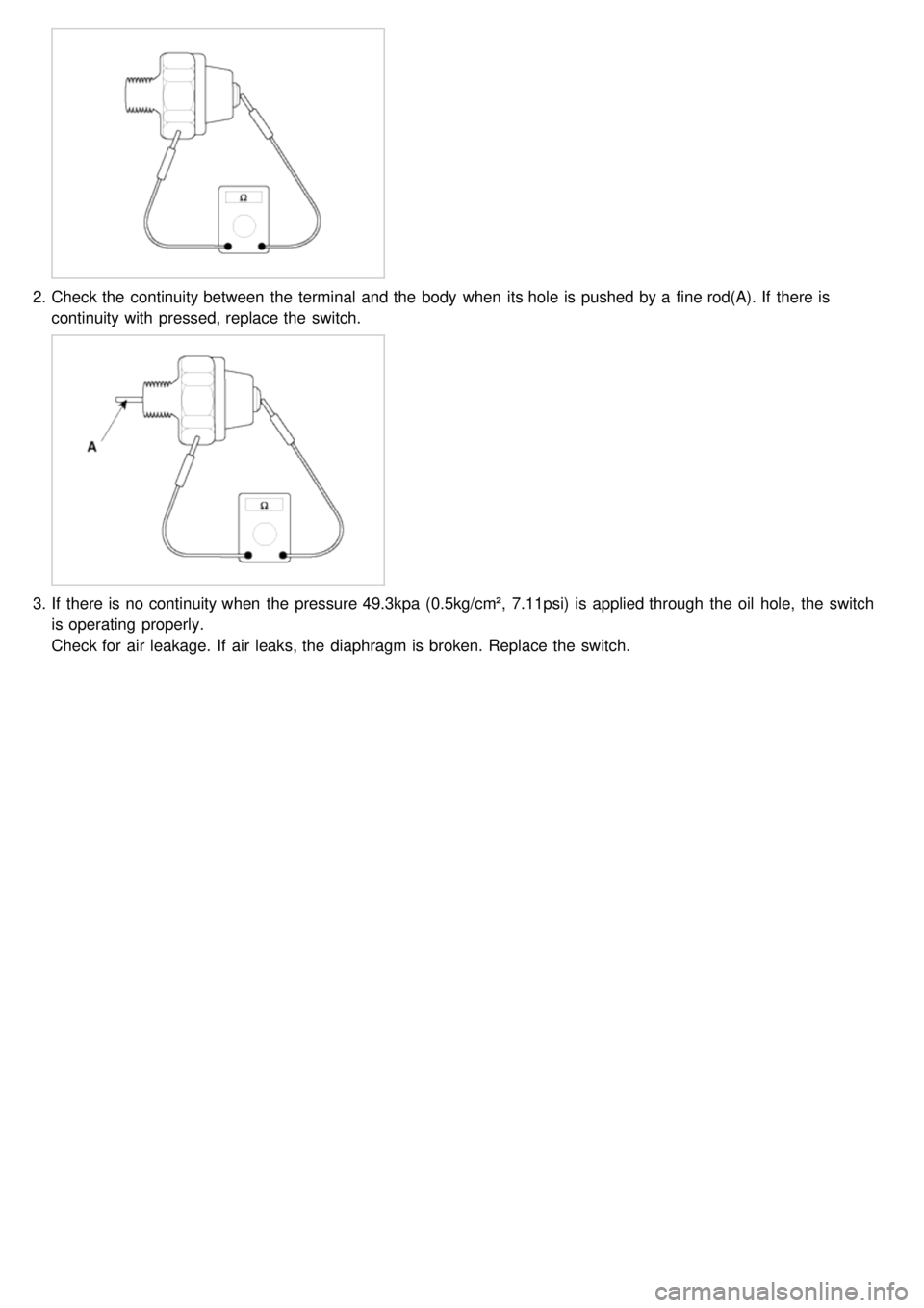 KIA CARNIVAL 2007  Workshop Manual 2.Check the  continuity between  the  terminal  and the  body  when  its hole is pushed by a  fine rod(A). If  there is
continuity with  pressed, replace the  switch.
3.If  there is no continuity when