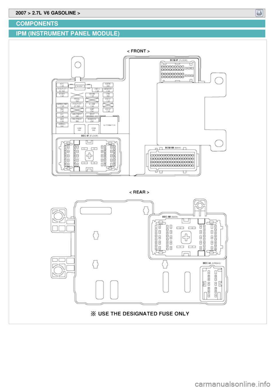 KIA CARNIVAL 2007 Workshop Manual 2007 > 2.7L V6 GASOLINE >
COMPONENTS
IPM (INSTRUMENT PANEL MODULE) KIA CARNIVAL 2007 Workshop Manual 2007 > 2.7L V6 GASOLINE >
COMPONENTS
IPM (INSTRUMENT PANEL MODULE)