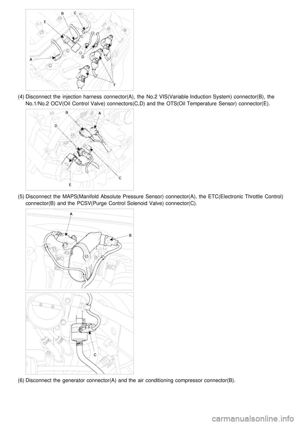 KIA CARNIVAL 2007  Workshop Manual (4)Disconnect  the  injection harness  connector(A),  the  No.2 VIS(Variable Induction System) connector(B),  the
No.1/No.2 OCV(Oil Control Valve) connectors(C,D) and the  OTS(Oil Temperature Sensor) 