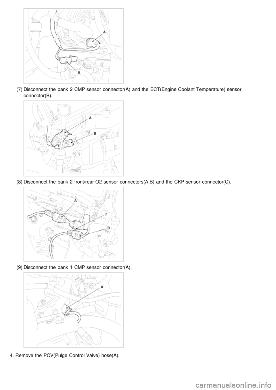 KIA CARNIVAL 2007  Workshop Manual (7)Disconnect  the  bank  2  CMP sensor  connector(A) and the  ECT(Engine Coolant Temperature) sensor
connector(B).
(8)Disconnect  the  bank  2  front/rear O2  sensor  connectors(A,B)  and the  CKP se