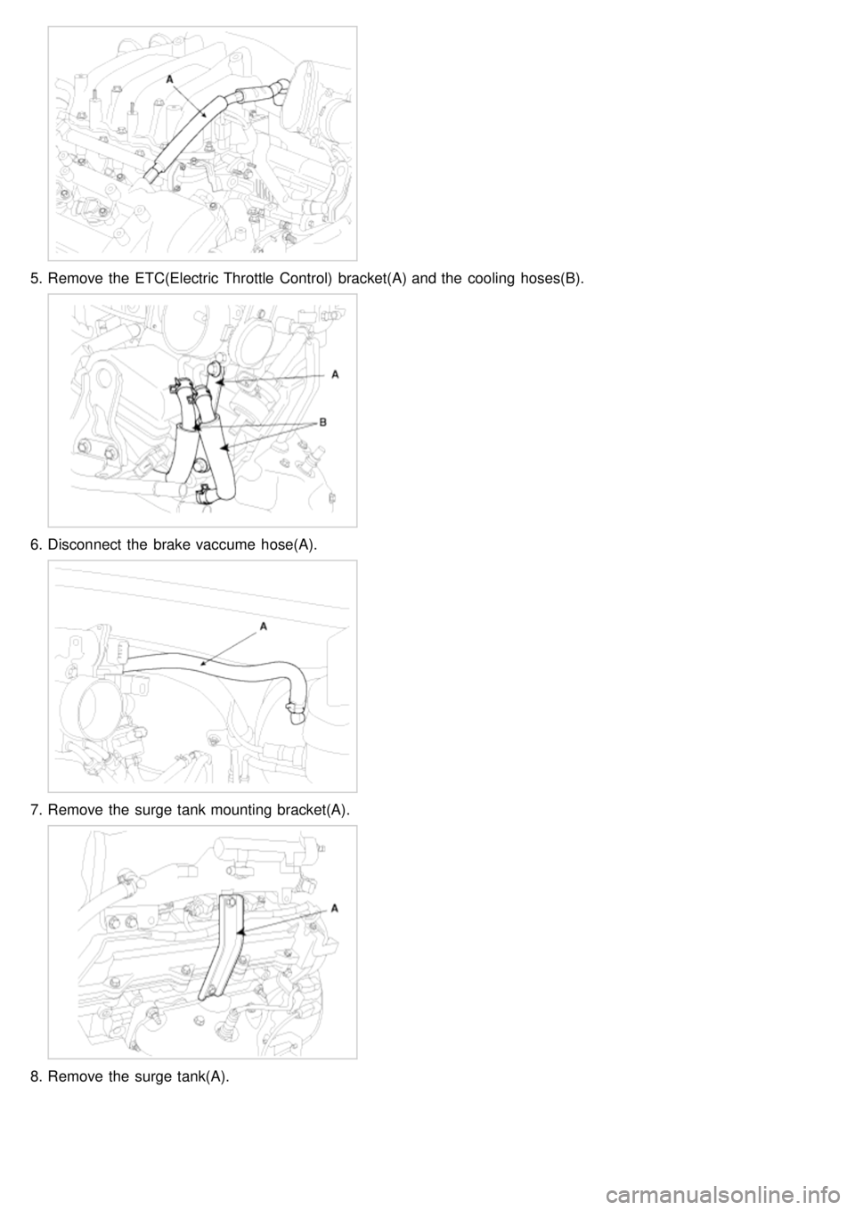 KIA CARNIVAL 2007  Workshop Manual 5.Remove the  ETC(Electric Throttle  Control)  bracket(A) and the  cooling  hoses(B).
6.Disconnect  the  brake vaccume  hose(A).
7.Remove the  surge tank mounting bracket(A).
8.Remove the  surge tank(