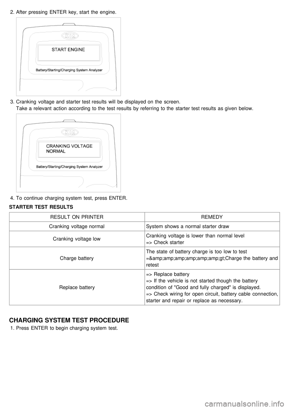 KIA CARNIVAL 2007 Owners Manual 2.After pressing ENTER key, start the engine.
3.Cranking voltage and starter test results will be displayed on the screen.
Take a relevant action according to the test results by referring KIA CARNIVAL 2007 Owners Manual 2.After pressing ENTER key, start the engine.
3.Cranking voltage and starter test results will be displayed on the screen.
Take a relevant action according to the test results by referring