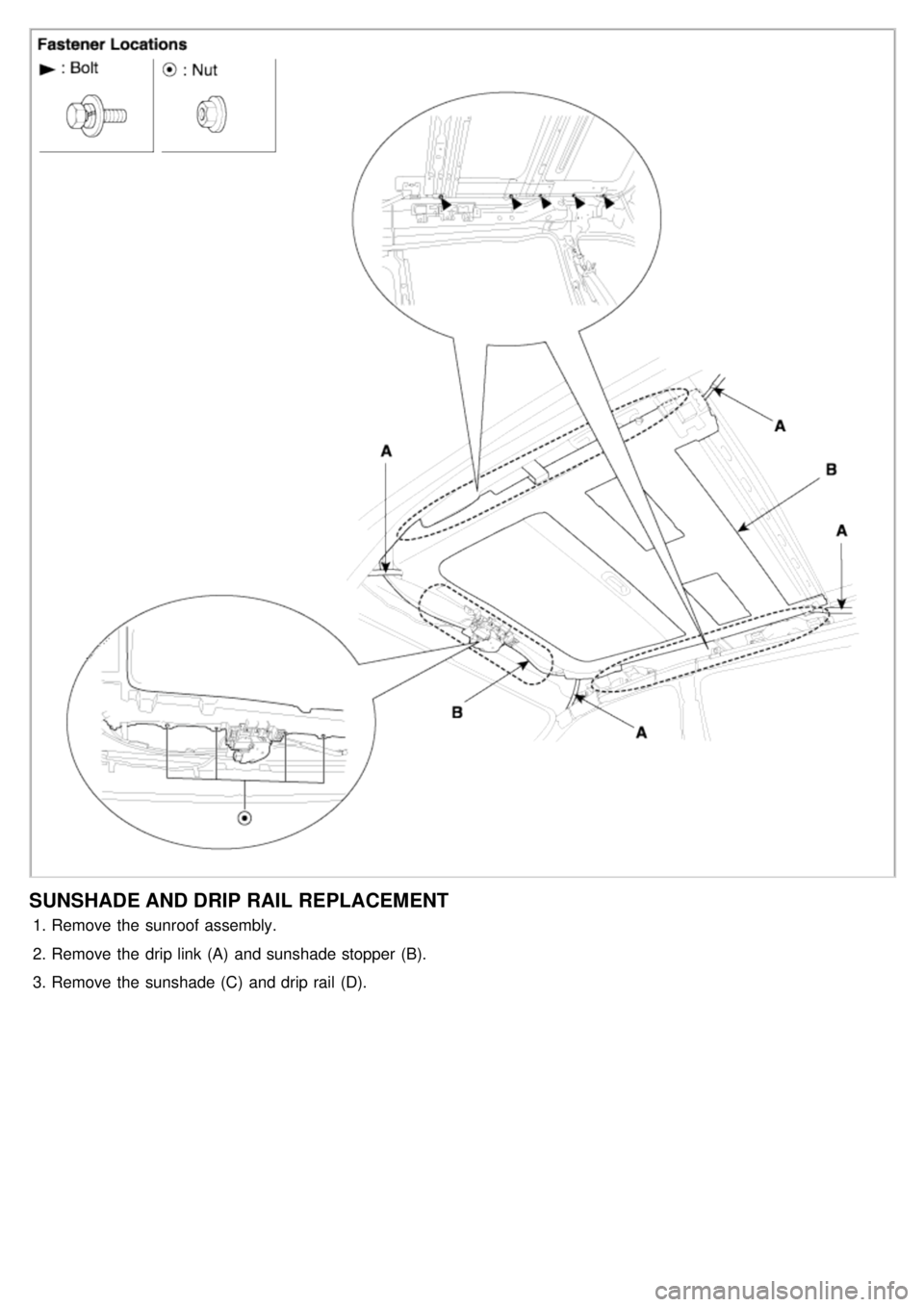 KIA CARNIVAL 2007  Workshop Manual SUNSHADE AND DRIP RAIL REPLACEMENT
1.Remove the  sunroof assembly.
2. Remove the  drip link (A)  and sunshade stopper (B).
3. Remove the  sunshade (C)  and drip rail  (D). 