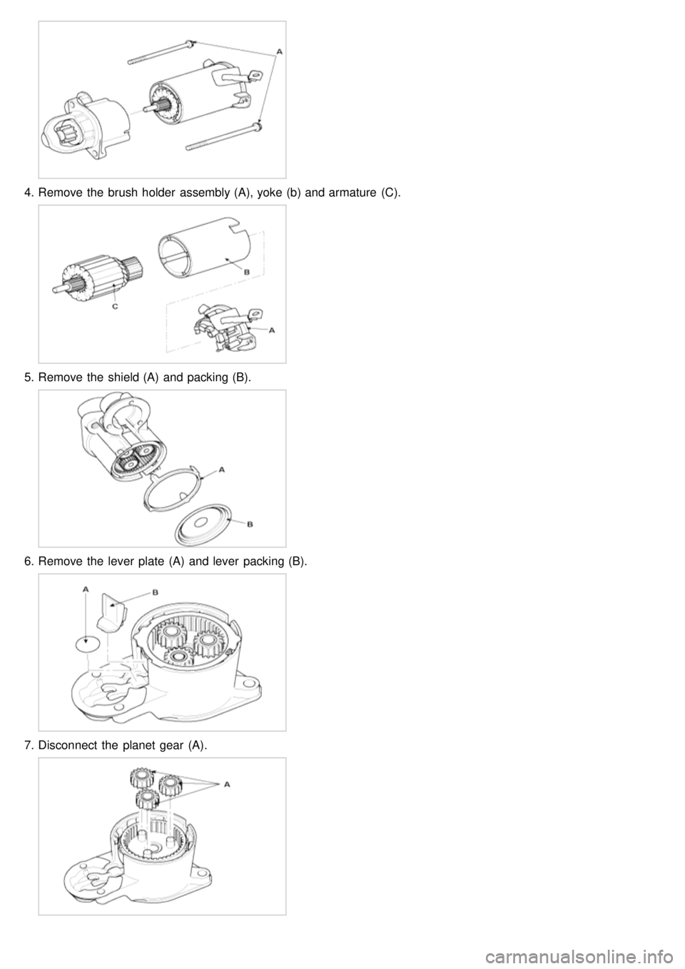 KIA CARNIVAL 2007  Workshop Manual 4.Remove the  brush holder  assembly (A), yoke (b) and armature  (C).
5.Remove the  shield (A)  and packing (B).
6.Remove the  lever  plate  (A)  and lever  packing (B).
7.Disconnect  the  planet gear
