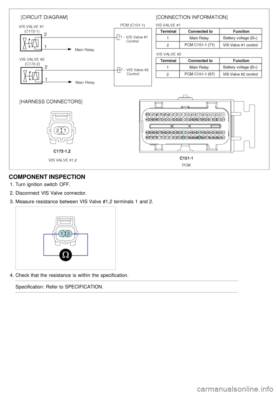 KIA CARNIVAL 2007  Workshop Manual COMPONENT INSPECTION
1.Turn ignition  switch  OFF.
2. Disconnect  VIS Valve connector.
3. Measure resistance  between  VIS Valve #1,2  terminals 1  and 2.
4.Check that the  resistance  is within  the 