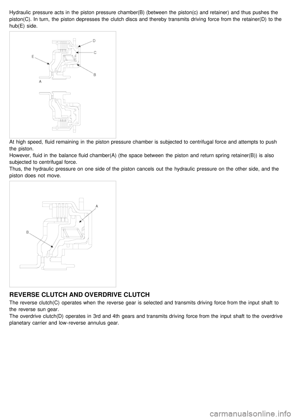 KIA CARNIVAL 2007 Workshop Manual Hydraulic pressure acts in the piston pressure chamber(B) (between the piston(c) and retainer) and thus pushes the
piston(C). In turn, the piston depresses the clutch discs and thereby transmit KIA CARNIVAL 2007 Workshop Manual Hydraulic pressure acts in the piston pressure chamber(B) (between the piston(c) and retainer) and thus pushes the
piston(C). In turn, the piston depresses the clutch discs and thereby transmit