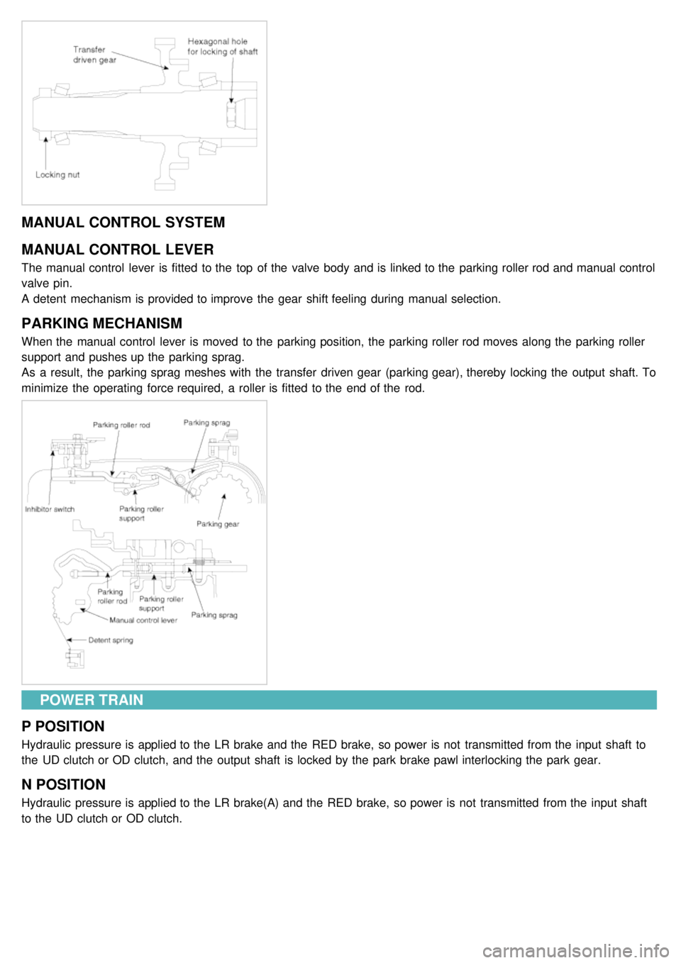 KIA CARNIVAL 2007 Workshop Manual MANUAL CONTROL SYSTEM
MANUAL CONTROL LEVER
The manual control lever is fitted to the top of the valve body and is linked to the parking roller rod and manual control
valve pin.
A detent mec KIA CARNIVAL 2007 Workshop Manual MANUAL CONTROL SYSTEM
MANUAL CONTROL LEVER
The manual control lever is fitted to the top of the valve body and is linked to the parking roller rod and manual control
valve pin.
A detent mec