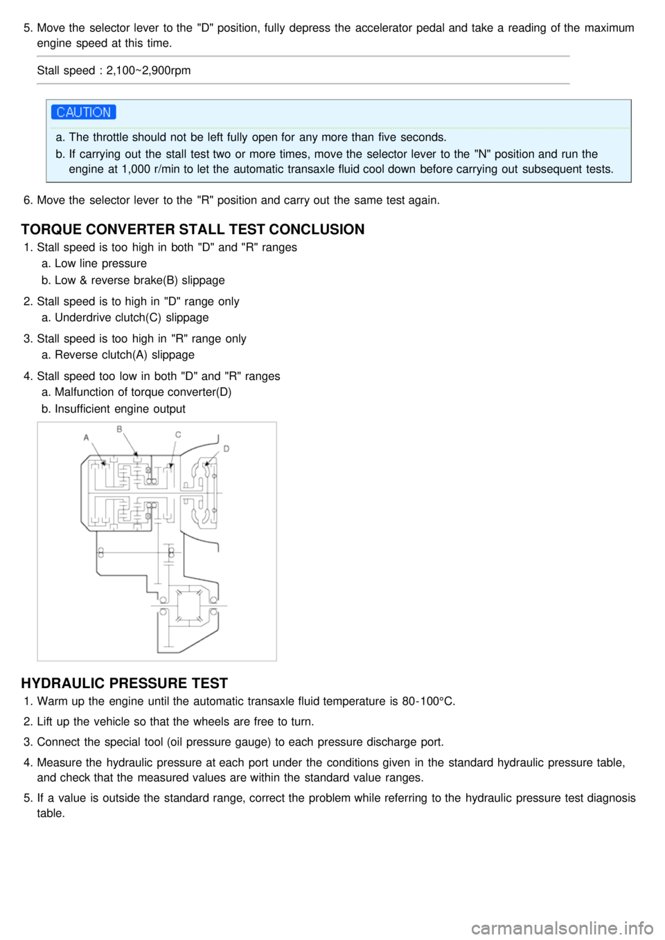 KIA CARNIVAL 2007 Service Manual 5.Move the selector lever to the "D" position, fully depress the accelerator pedal and take a reading of the maximum
engine speed at this time.
Stall speed : 2,100~2,900rpm
a.The throttle KIA CARNIVAL 2007 Service Manual 5.Move the selector lever to the "D" position, fully depress the accelerator pedal and take a reading of the maximum
engine speed at this time.
Stall speed : 2,100~2,900rpm
a.The throttle