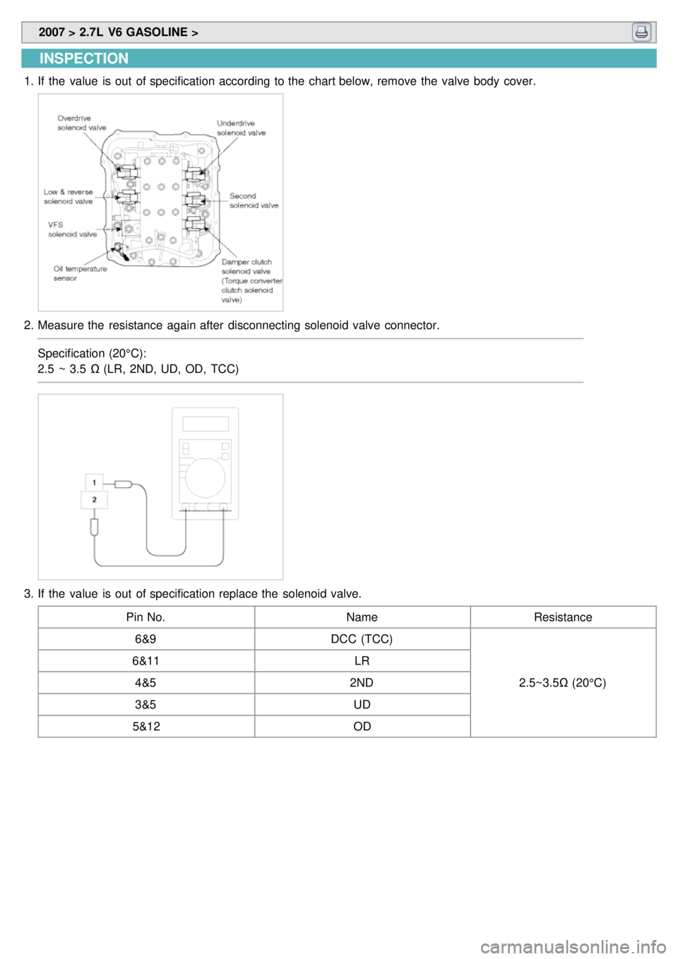 KIA CARNIVAL 2007  Workshop Manual  2007 > 2.7L  V6 GASOLINE > 
INSPECTION
1.If  the  value  is out  of specification according to the  chart below, remove the  valve body  cover.
2.Measure the  resistance  again after  disconnecting s