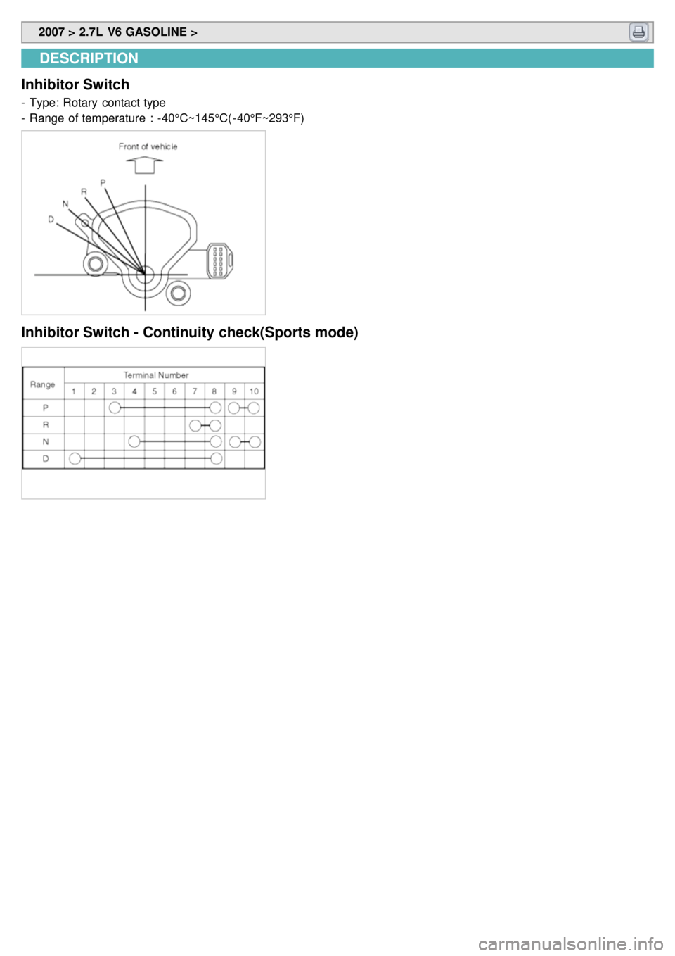 KIA CARNIVAL 2007  Workshop Manual  2007 > 2.7L  V6 GASOLINE > 
DESCRIPTION
Inhibitor Switch
-  Type: Rotary  contact type
-  Range  of temperature  : - 40°C~145°C( - 40°F~293°F)
Inhibitor Switch - Continuity  check(Sports mode) 