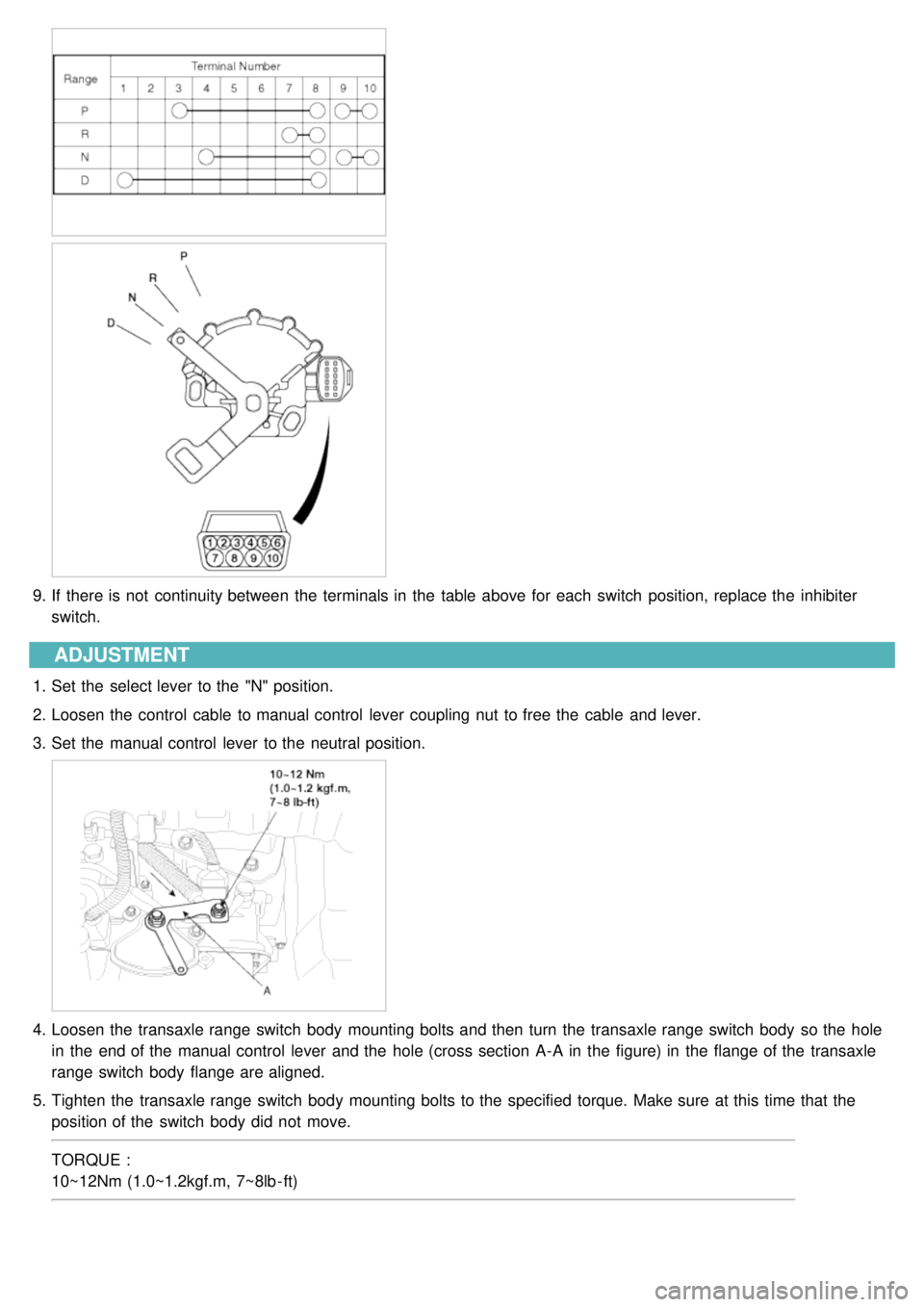 KIA CARNIVAL 2007  Workshop Manual 9.If  there is not  continuity between  the  terminals in  the  table  above for  each  switch  position, replace the  inhibiter
switch.
ADJUSTMENT
1.Set the  select lever  to the  "N" position.
2. Lo