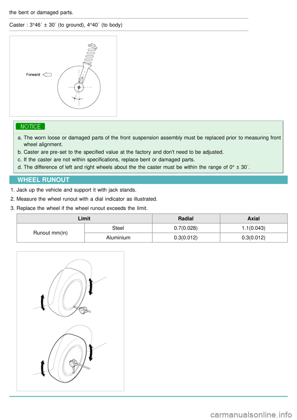 KIA CARNIVAL 2007  Workshop Manual the  bent  or damaged  parts.
Caster  : 3°46´  ±  30´ (to  ground), 4°40´  (to  body)
a.The worn  loose  or damaged  parts of the  front  suspension assembly must  be replaced prior  to measurin