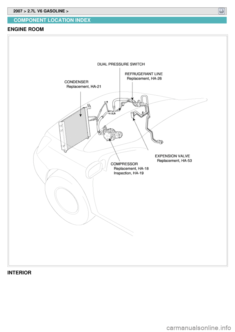 KIA CARNIVAL 2007  Workshop Manual  2007 > 2.7L  V6 GASOLINE > 
COMPONENT LOCATION INDEX
ENGINE ROOM
INTERIOR 