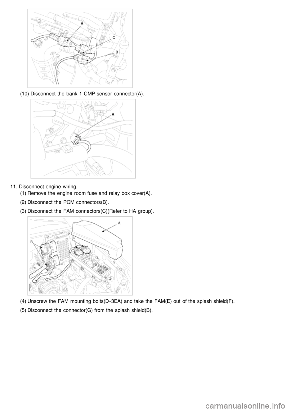 KIA CARNIVAL 2007  Workshop Manual (10)Disconnect  the  bank  1  CMP sensor  connector(A).
11.Disconnect  engine  wiring.
(1) Remove the  engine  room fuse and relay  box cover(A).
(2) Disconnect  the  PCM connectors(B).
(3) Disconnect