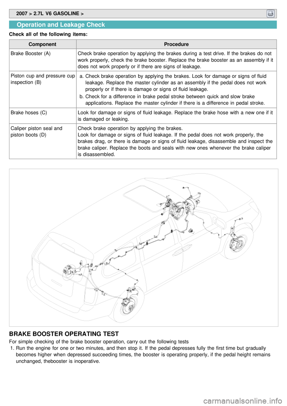 KIA CARNIVAL 2007 Workshop Manual 2007 > 2.7L V6 GASOLINE >
Operation and Leakage Check
Check all of the following items:
Component Procedure
Brake Booster (A) Check brake operation by applying the brakes during a test dri KIA CARNIVAL 2007 Workshop Manual 2007 > 2.7L V6 GASOLINE >
Operation and Leakage Check
Check all of the following items:
Component Procedure
Brake Booster (A) Check brake operation by applying the brakes during a test dri