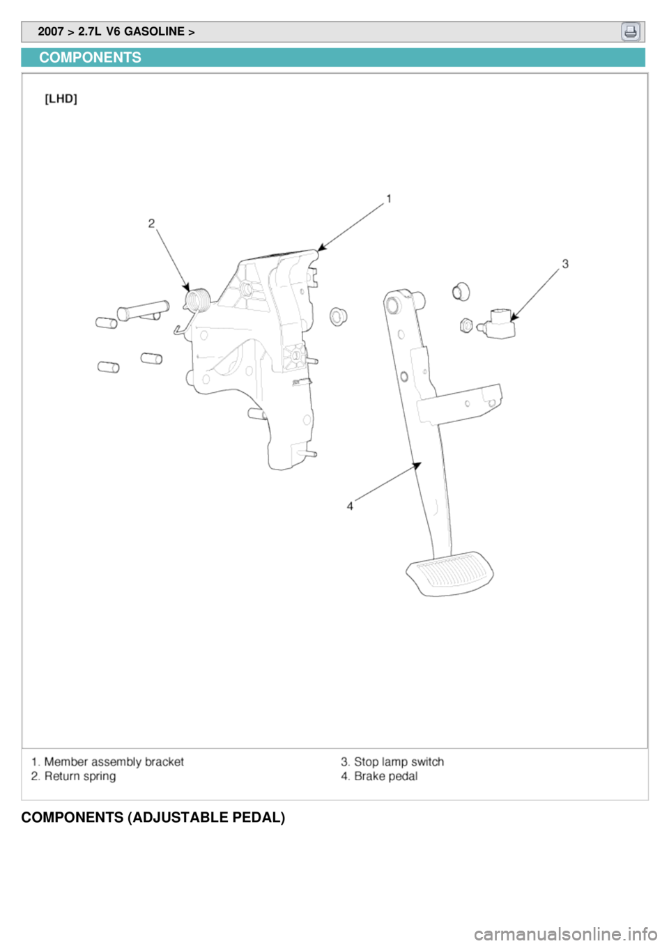 KIA CARNIVAL 2007 Workshop Manual 2007 > 2.7L V6 GASOLINE >
COMPONENTS
COMPONENTS (ADJUSTABLE PEDAL) KIA CARNIVAL 2007 Workshop Manual 2007 > 2.7L V6 GASOLINE >
COMPONENTS
COMPONENTS (ADJUSTABLE PEDAL)