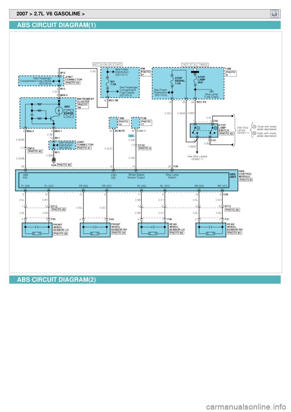 KIA CARNIVAL 2007 Workshop Manual 2007 > 2.7L V6 GASOLINE >
ABS CIRCUIT DIAGRAM(1)
ABS CIRCUIT DIAGRAM(2) KIA CARNIVAL 2007 Workshop Manual 2007 > 2.7L V6 GASOLINE >
ABS CIRCUIT DIAGRAM(1)
ABS CIRCUIT DIAGRAM(2)