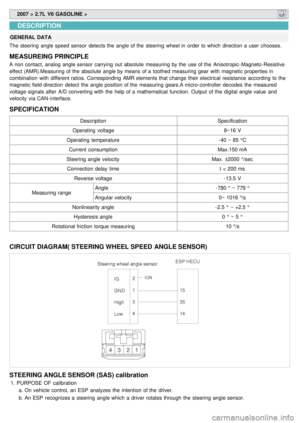 KIA CARNIVAL 2007 Workshop Manual 2007 > 2.7L V6 GASOLINE >
DESCRIPTION
GENERAL DATA
The steering angle speed sensor detects the angle of the steering wheel in order to which direction a user chooses.
MEASUREING PRINCIPLE KIA CARNIVAL 2007 Workshop Manual 2007 > 2.7L V6 GASOLINE >
DESCRIPTION
GENERAL DATA
The steering angle speed sensor detects the angle of the steering wheel in order to which direction a user chooses.
MEASUREING PRINCIPLE