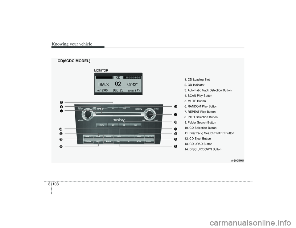 KIA AMANTI 2009 Owners Manual Knowing your vehicle108
3
A-300GHU
1. CD Loading Slot
2. CD Indicator
3. Automatic Track Selection Button
4. SCAN Play Button
5. MUTE Button
6. RANDOM Play Button
7. REPEAT Play Button
8. INFO Selecti KIA AMANTI 2009 Owners Manual Knowing your vehicle108
3
A-300GHU
1. CD Loading Slot
2. CD Indicator
3. Automatic Track Selection Button
4. SCAN Play Button
5. MUTE Button
6. RANDOM Play Button
7. REPEAT Play Button
8. INFO Selecti
