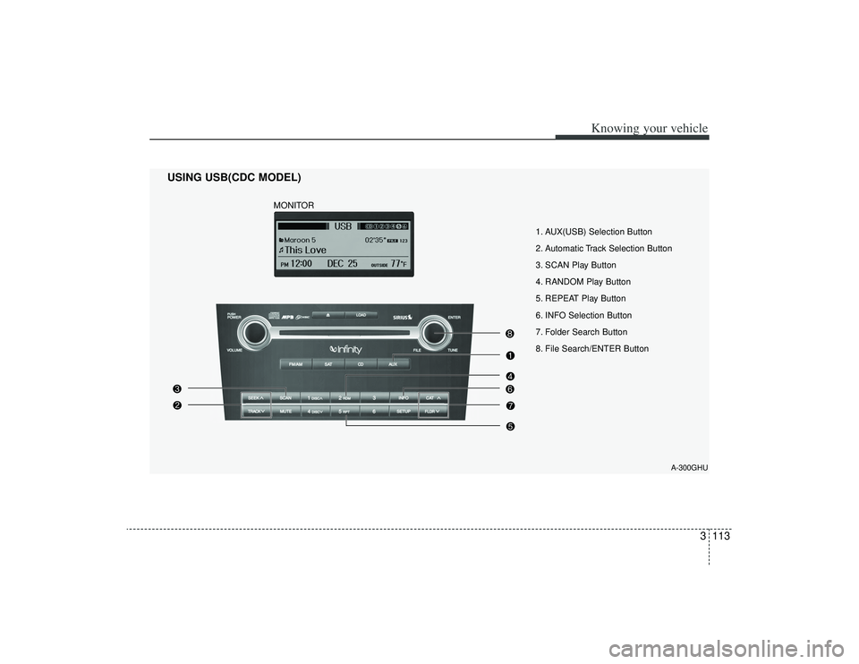 KIA AMANTI 2009  Owners Manual 3113
Knowing your vehicle
A-300GHU
1. AUX(USB) Selection Button
2. Automatic Track Selection Button
3. SCAN Play Button
4. RANDOM Play Button
5. REPEAT Play Button
6. INFO Selection Button
7. Folder S
