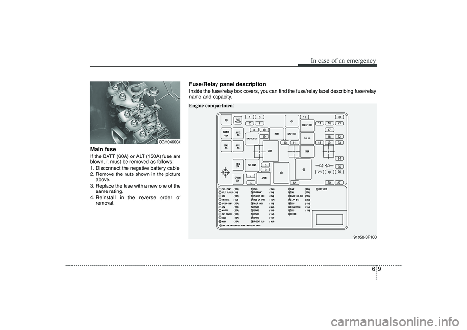 KIA AMANTI 2009 Owners Manual 69
In case of an emergency
Main fuseIf the BATT (60A) or ALT (150A) fuse are
blown, it must be removed as follows:
1. Disconnect the negative battery cable.
2. Remove the nuts shown in the pictureabov KIA AMANTI 2009 Owners Manual 69
In case of an emergency
Main fuseIf the BATT (60A) or ALT (150A) fuse are
blown, it must be removed as follows:
1. Disconnect the negative battery cable.
2. Remove the nuts shown in the pictureabov